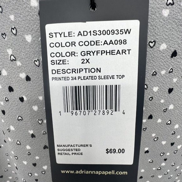 Adrianna Papell Top Size 2X Gray Hearts Stretchy 3/4 Pleated Sleeve Round Neck - Picture 6 of 14